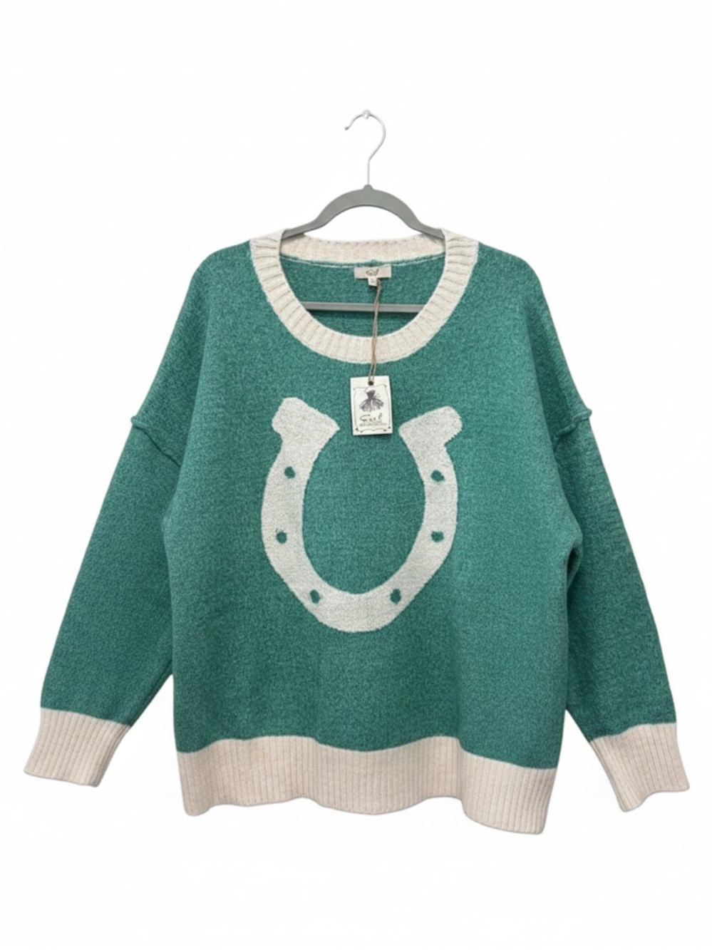 easel Teal and Cream Horseshoe Crewneck Sweater